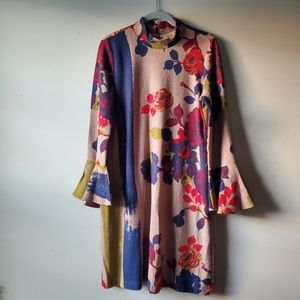 Chelsea & Theodore Floral Sweater Dress Hi-neck Modest Art to Wear Size Large